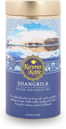 Karma Kettle Shangrila Silver Needles White Tea Darjeeling Silver Needles 25gm loose leaf Tin Mixed Fruit White Tea Tin