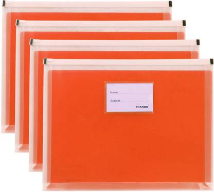 TRANBO Plastic Clear Folder Zip Lock Pouch File Folder Document Holder, A4 Size, Pack of 4, Orange