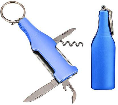 PACHPAN 56 Bottle Shape keychain with knife, Bottle Opener, Cork Opener & Filer Blue Key Chain