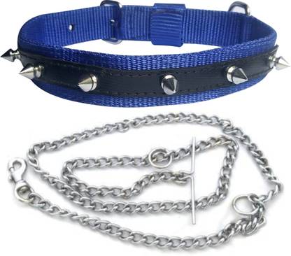 ADIOS Dog Belt Combo of Blue Nylon Spike Collar with Dog Chain 1.5m Lengthy Dog Collar & Chain