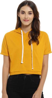 CAMPUS SUTRA Solid Women Hooded Neck Yellow T-Shirt