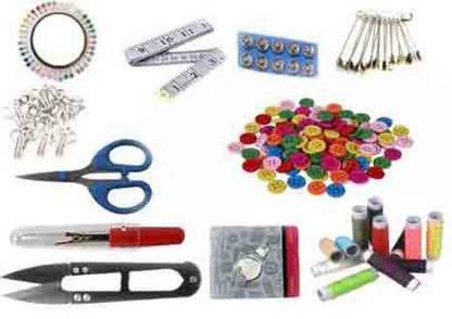 StwoN Sewing Materials Multicolour Combo with multiple accessories- threads-colorful buttons-scissor-needles-boobins-tailor marker-stitch opener-bobbin case-craft cutter-measuring tape-hooks-tich buttons