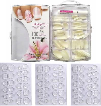 LikeUp Best Combo Pack Of Artificial milky Clear shinning professional Finger Empress Curve 100 Tips Fake Nails with 3 Sheet (96 Pics) Double Sided Nails Glue Sticker milky clear