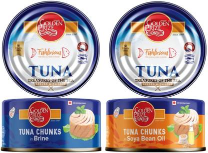 Golden Prize Tuna Chunk in Brine and Tuna Chunk In Soyabean Oil (2 x 185gms Each) Slices