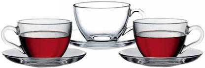 Glass World Pack of 6 Glass Imported Tea Cup and Saucer Set, 220 ml, Durable 2 Cups and 2 Saucers