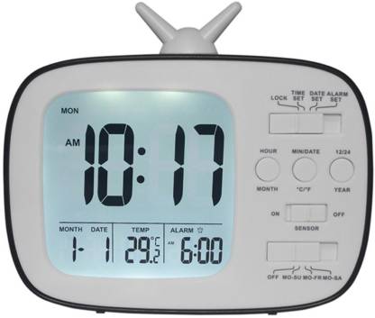 JAMBOREE Digital LED Digital Alarm Clock With Night Light Thermometer Calendar Alarm Clock Desk Display Smart Light-sensitive TV Shape Clocks, Black Clock