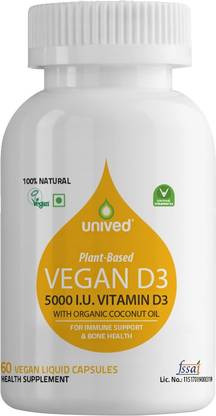 Unived Vegan D3 with Cold Pressed Extra Virgin Organic Coconut Oil,5000 I.U.,60 Servings