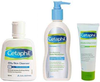 Cetaphil Moisturising Cream 80gm+Restoraderm Moist 295ml+Gentle Skin Cleanser For All Skin Type 125ml