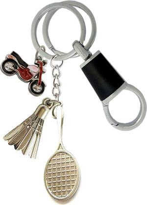 MGP FASHION High Quality Badminton Racket Racquet Shuttlecock Sports Bike Pendant Locking Hook Full Metal Stylish Design Car Bike Men Women Girl Boy Gift Office Keyring Key Chain