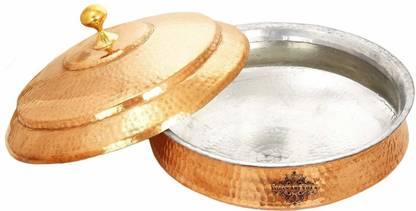 IndianArtVilla Pure Copper Hammered Lagan with Lid, Handi Chaffing Dish Pan with Tin Lining, Cookware & Serveware, 14" Inch, Brown Handi 0.5 L