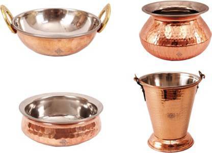 TMS 4 Steel Copper Serving Set-1 Bucket-300 ML, 1 Punjabi Handi-450 ML, 1 Kadai-350 ML, 1 Handi-300 ML-Serving Dal, Rice, Curry, Chicken, Mutton -Home, Hotel, Restaurant, Serveware Container Serving Set
