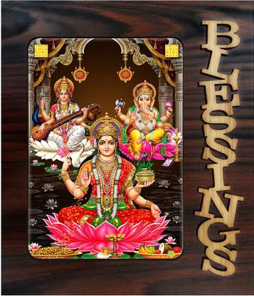Poster N Frames Decorative Blessings Hand Crafted Wooden table with photo of Diwali Puja (laxmiji, Ganeshji,Saraswatiji) 22500 Digital Reprint 9 inch x 7.75 inch Painting