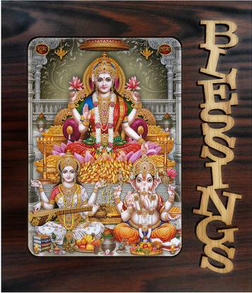 Poster N Frames Decorative Blessings Hand Crafted Wooden table with photo of Diwali Puja (laxmiji, Ganeshji,Saraswatiji) 20378 Digital Reprint 9 inch x 7.75 inch Painting