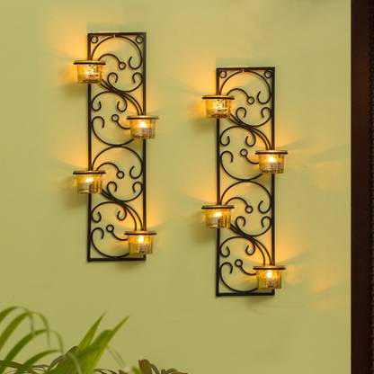 ExclusiveLane 'Glowing Vines' Handcrafted Wall Sconce Iron, Glass 18 - Cup Tealight Holder Set