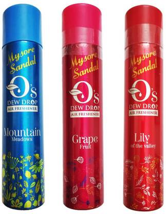 Mysore Sandal GRAPE, MOUNTAIN, LILY Spray 1 GRAPE FRUIT AIR FRESHENER+ 1 MOUNTAIN MEADOWS AIR FRESHENER+ 1 LILY OF THE VALLEY AIR FRESHENER