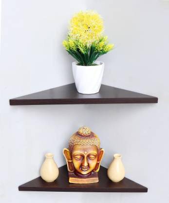 Home wood Wooden triangle shape corner set of 2 piece color-Brown MDF (Medium Density Fiber) Wall Shelf