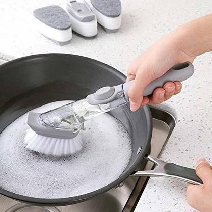 DK FASHION Kitchen Cleaning Brush Scrubber Dish Bowl Washing Sponge with Refill Liquid Soap Dispenser-Kitchen Pot Cleaner Tool Long Handle Sponge with White Wok Brush-Automatic Liquid Addition Sponge Nylon Wet and Dry Brush Microfibre Wet and Dry Brush