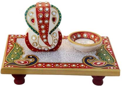 S Krishna Traders Marble CHOWKI Ganesha with Diya Marble All Purpose Chowki