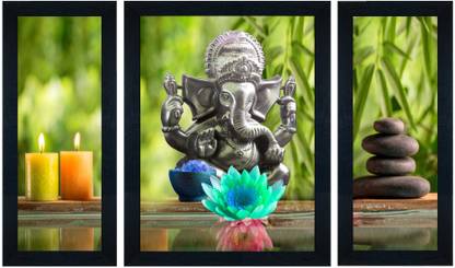 saf Ganesha Set of 3 UV Textured Multi-Effect Digital Reprint 22 inch x 14 inch Painting