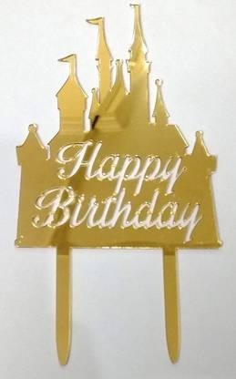 JoyGlobal Castle Cake Topper,Happy Birthday Acrylic Cake Topper (Golden Colour 1 Pieces Cake Topper