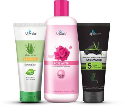 Ujjwala Alovera Gel Face Wash 50g + Activated Charcoal Face Wash 50g + Rose Water 100ml