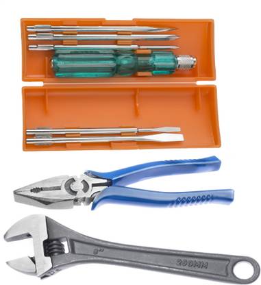 ACHRO 908 Universal Tool Kit Set for Home/Garage/Car/Bike/Industry (Set of 8 pcs Tool kit) Contains 6 Pcs Screwdriver Set + 8 inch Combination Plier + 8 inch Adjustable Spanner (Multi) Hand Tool Kit