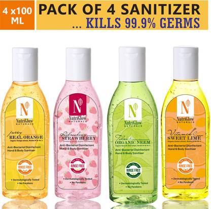 NutriGlow NATURAL'S HAND SANITIZERS COMBO Of 4 Variants /Neem +Orange +Lime+ Strawberry/ Disinfectant/ Protection Against Viruses, Flu, Bacteria/4*100 ml Hand Sanitizer Bottle