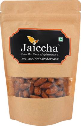 Jaiccha Snacks Dryfruits-Desi Ghee Fried Salted Almonds 200 gms in Brown Paper Pouch