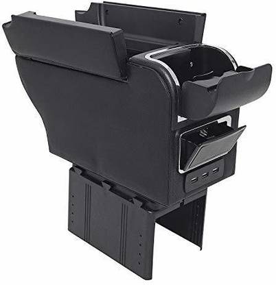 guruji system Arm Rest Storage Box and Cup Holder with 7 USB Port PU Leather Dual Layer Center Console (Black) Car Armrest