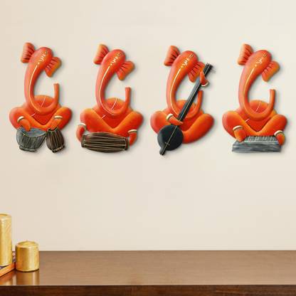 eCraftIndia Set of 4 Musician Lord Ganesha Handcrafted Iron Wall Hangings Decorative Showpiece  -  36 cm