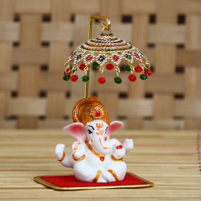 eCraftIndia Decorative Lord Ganesha Idol with Designer Chatri for Car Dashboard, Home Temple and Office Desks Decorative Showpiece  -  12 cm