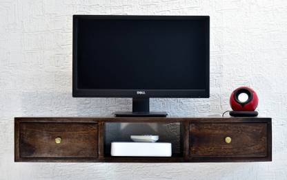 SamDecors Solid Sheesham Wood (Rosewood) Ruble Wall Hanging Two Draw TV Unit/Cabinet/Shelf (Lacquer Finish, Dark Walnut) Solid Wood TV Entertainment Unit