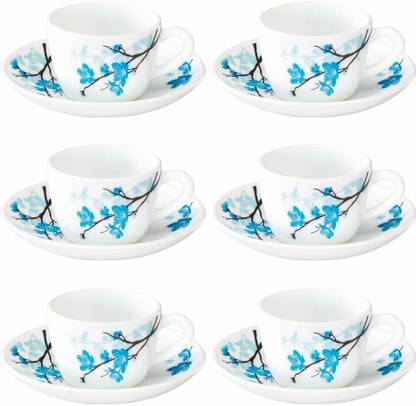 Larah by Borosil Pack of 12 Opalware Design MIMOSA {{ Cup 140 ML || Saucer 133 MM }}