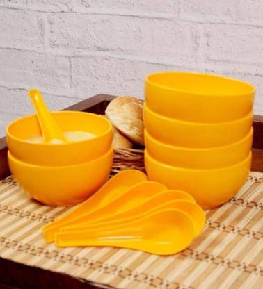Digiway Plastic Soup Bowl High Quality Yellow Soup Bowl Set-6 Bowls & 6 Spoons