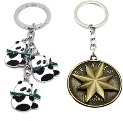 Alvika's Bamboo Eating Panda 3 Token Pendant - Multicolor & Avangers Captain Marvel's Revolving Logo - Golden Key Chain