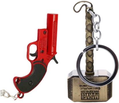 Alvika's PUBG Collectable Flair Gun - Red & Avangers Thor's Hammer Mjölnir - Golden Key Chain