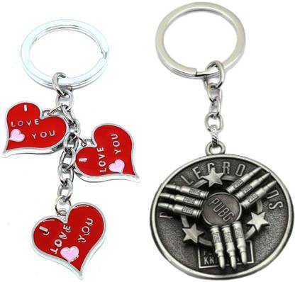 Alvika's Heart Shape I Love You 3 Token Pendant - Multicolor & PUBG Collectable Revolving Bullets - Silver Key Chain