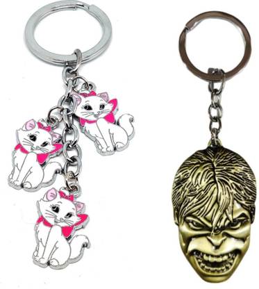 Alvika's Lovely Kitty Cat 3 Token Pendant - Multicolor & Avangers Most Powerful Avenger Hulk's Face - Golden Key Chain
