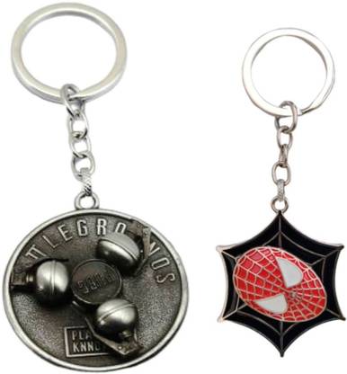 Alvika's PUBG Collectable Revolving Grenade Bomb - Silver & Avangers Spider-Man's Face Mask on Spider Web Revolving Key Chain