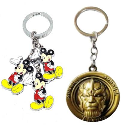 Alvika's Mickey Mouse 3 Token Pendant - Multicolor & Avangers Thanos's Shield Revolving Head - Golden Key Chain