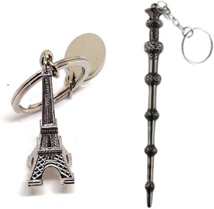 Alvika's Paris Love | Eiffel Tower - Silver & Harry Potter's Magic Wand of Albus Dumbledore - Silver Key Chain