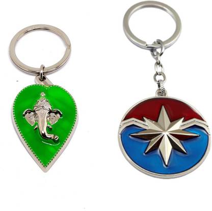 Alvika's Green Leaf Ganesh - Multicolor & Avangers Captain Marvel's Logo - Silver Key Chain