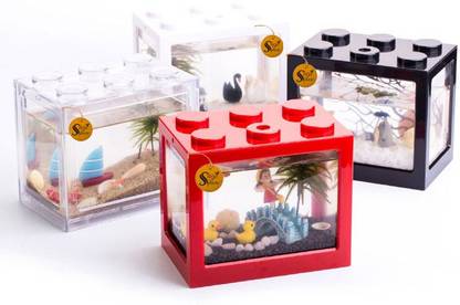 Sage Square Lego Mini Betta Fish Tank Aquarium (12cm X 7.5 cm x 10.5 cm) (Pack of 4) Rectangle Aquarium Tank