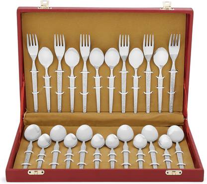Kishco Stainless Steel Parma Cutlery Set with Baby Spoon in Red Leather Box - Set of 24 Pieces Stainless Steel Cutlery Set