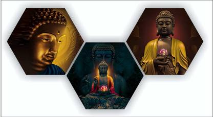 saf Set of 3 Hexagon Large Buddha 6MM MDF Self Adhesive Digital Reprint 21 inch x 21 inch Painting
