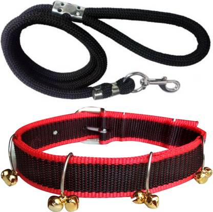 PEDIGONE Good Quality Dog Belt Combo of Red Black Ghungroo Collar with Black Lead 1.5m Lengthy Dog Collar & Leash