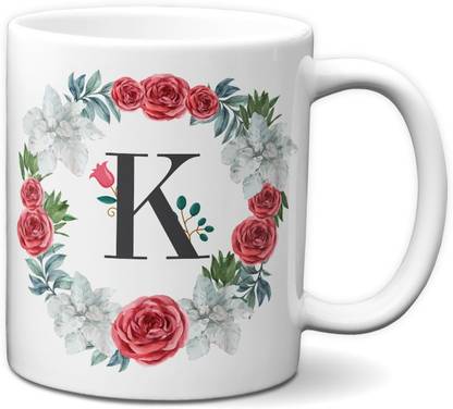 Jemiz Alphabet K Initial Letter K Floral Designer Colourful (T13_K) Tea Coffee Ceramic Coffee Mug