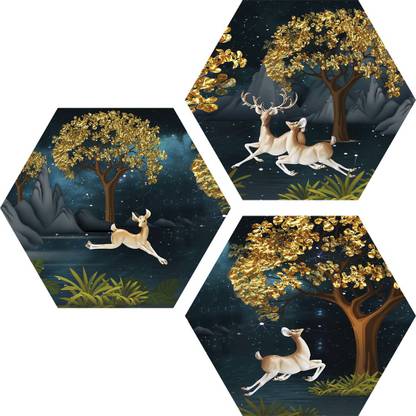 Janki Modern Art Dear (Hiran) in Forest 3 Piece Set of 3 Hexagon 6mm MDF Wall Painting Digital Reprint 21.5 inch x 21.5 inch Painting