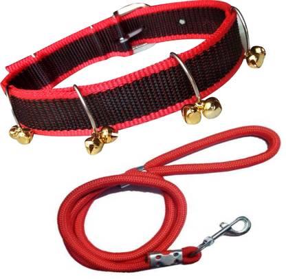 ADIOS Good Quality Dog Belt Combo of Nylon Red Black Ghungroo Collar with Red Lead 1.5m Lengthy Dog Collar & Leash
