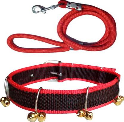 ADIOS Good Quality Dog Belt Combo of Red Black Ghungroo Collar with Red Lead 1.5m Lengthy Dog Collar & Leash